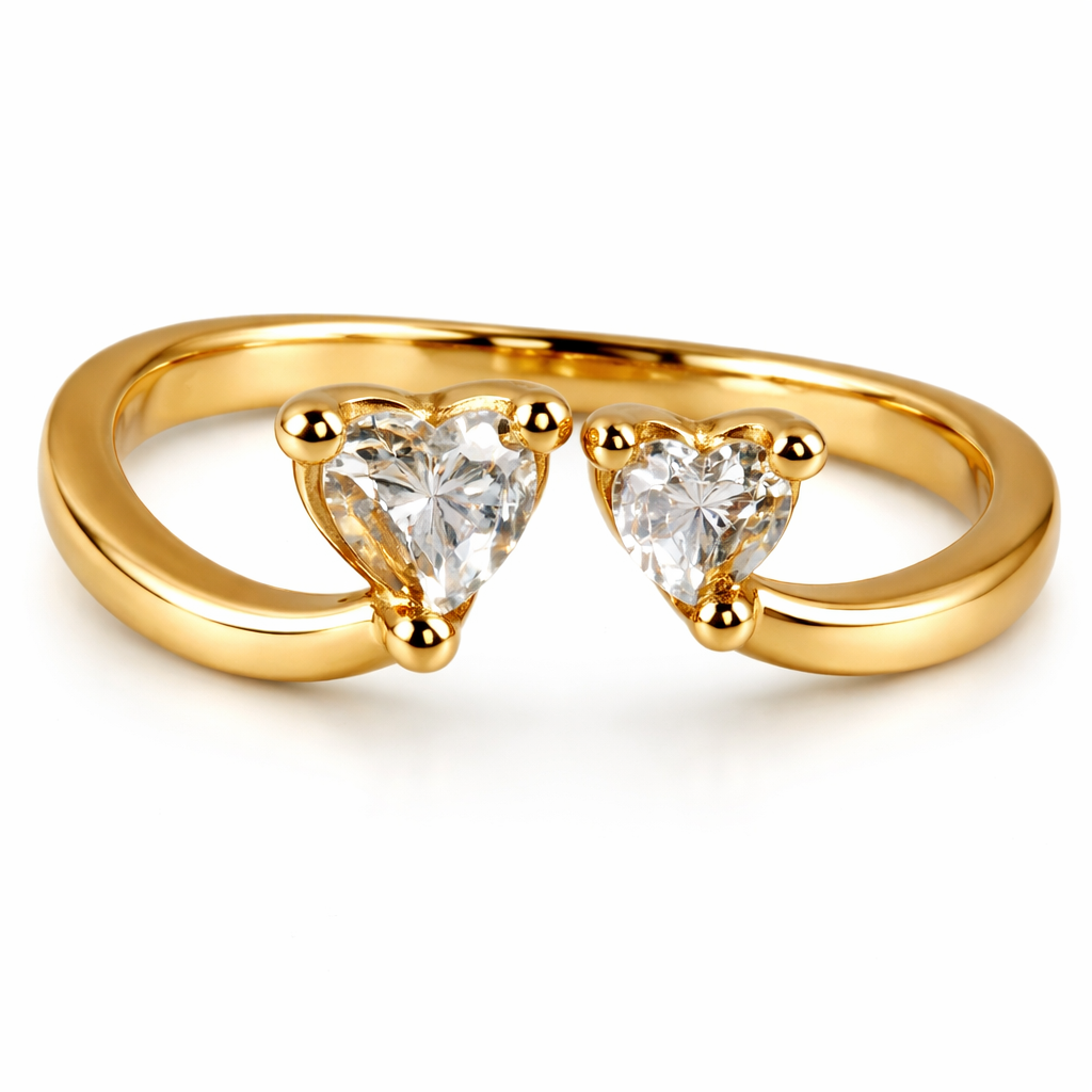 Double Heart Adjustable Gold Ring for Women – Open Band Design