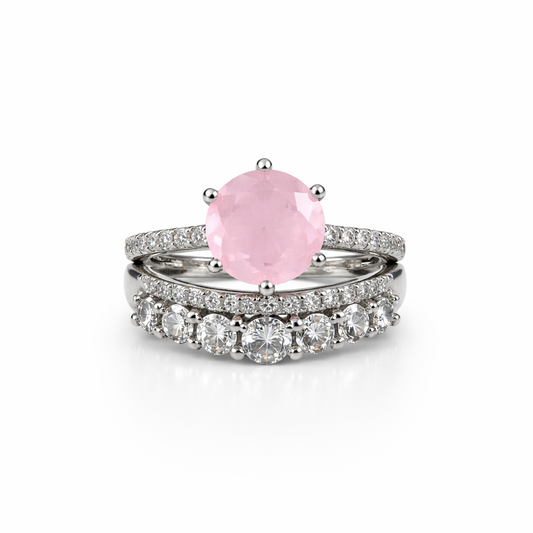 Elegant Dual Band Round Stone Ring – Luxury Silver Finish for Women