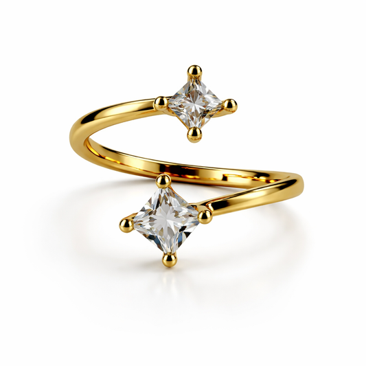 Adjustable Double Stone Gold Ring for Women – Modern Open Band Design