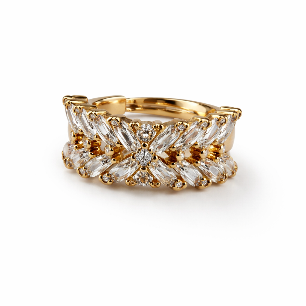 Luxury X-Shape Baguette Stone Adjustable Ring – Gold Plated Statement Jewelry