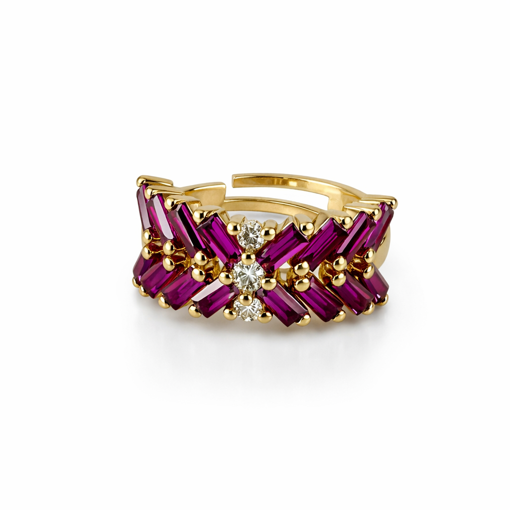 Luxury X-Shape Baguette Stone Adjustable Ring – Gold Plated Statement Jewelry