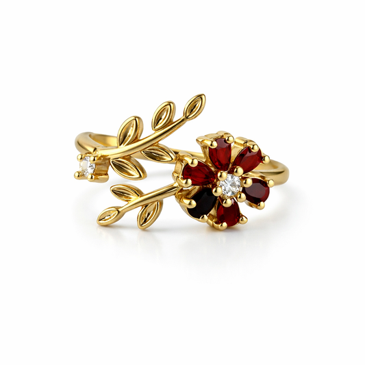 Elegant Gold Floral Adjustable Ring with Halo Crystal Design