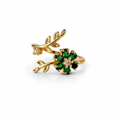 Elegant Gold Floral Adjustable Ring with Halo Crystal Design