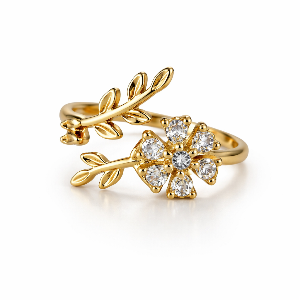 Elegant Gold Floral Adjustable Ring with Halo Crystal Design