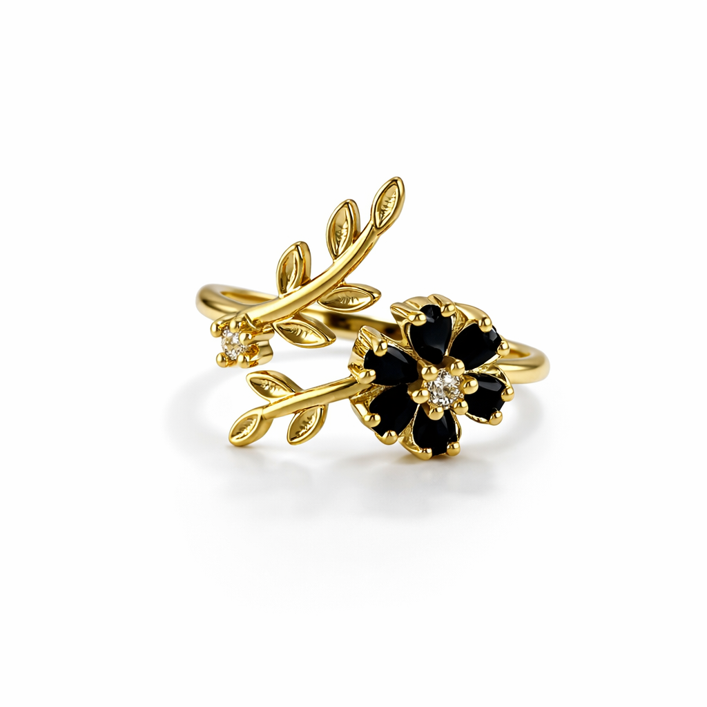 Elegant Gold Floral Adjustable Ring with Halo Crystal Design