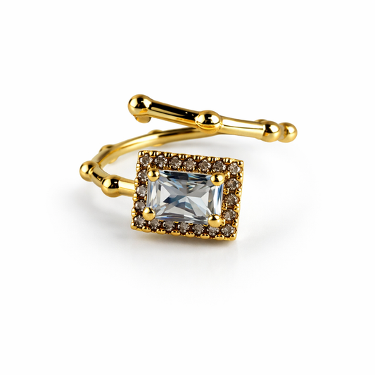 Floral Halo Gemstone Adjustable Ring – Luxury Gold-Tone Statement Ring for Women