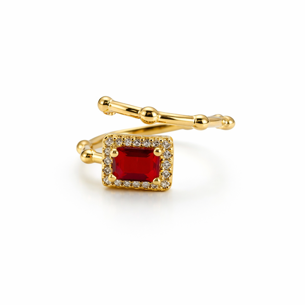 Floral Halo Gemstone Adjustable Ring – Luxury Gold-Tone Statement Ring for Women