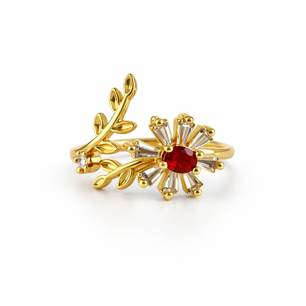 Floral Halo Leaf Adjustable Ring – Gold-Tone with Sparkling Stone Variants