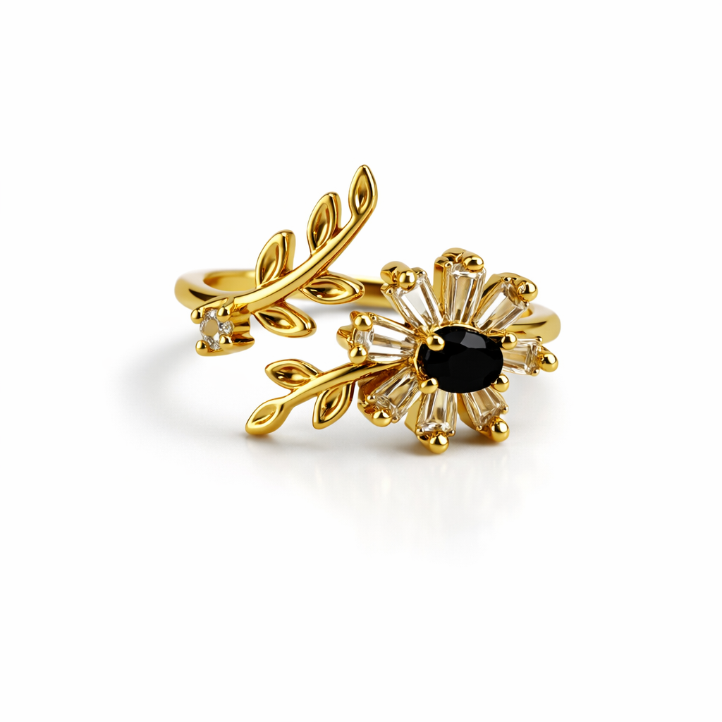 Floral Halo Leaf Adjustable Ring – Gold-Tone with Sparkling Stone Variants