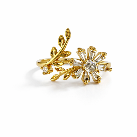 Floral Halo Leaf Adjustable Ring – Gold-Tone with Sparkling Stone Variants