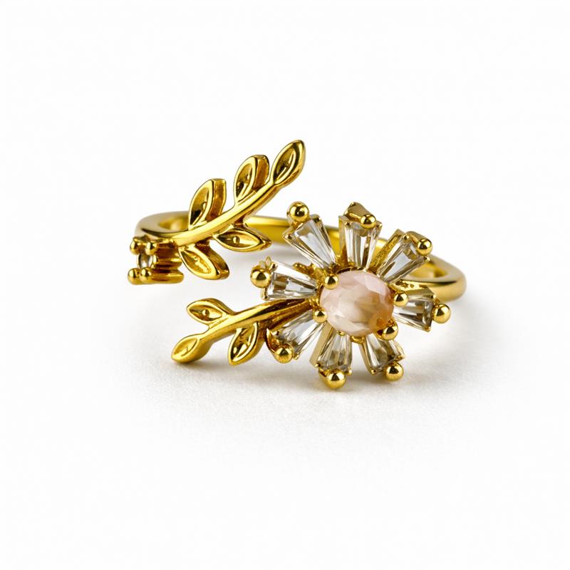 Floral Halo Leaf Adjustable Ring – Gold-Tone with Sparkling Stone Variants