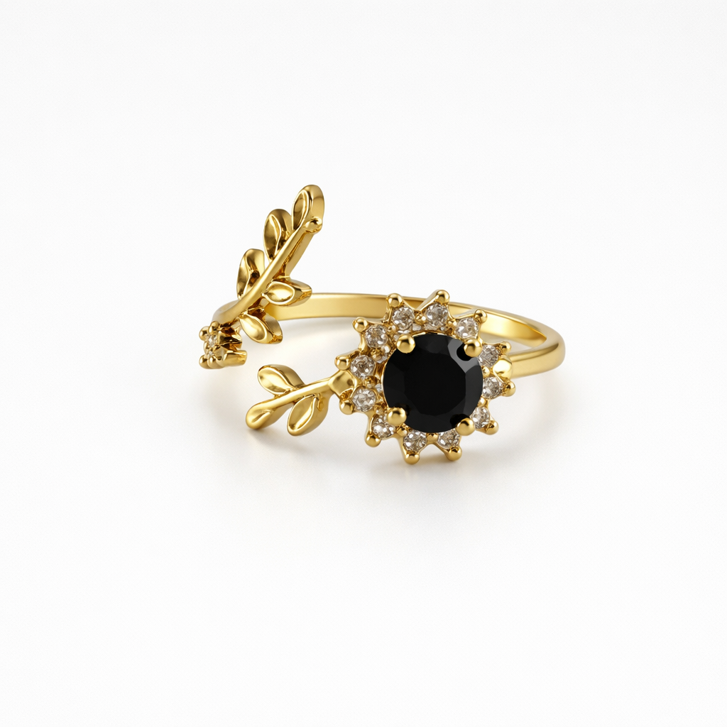 Elegant Leaf Halo Adjustable Gold Ring for Women – Crystal Stone Statement Ring