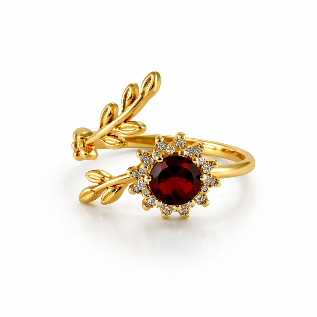 Elegant Leaf Halo Adjustable Gold Ring for Women – Crystal Stone Statement Ring