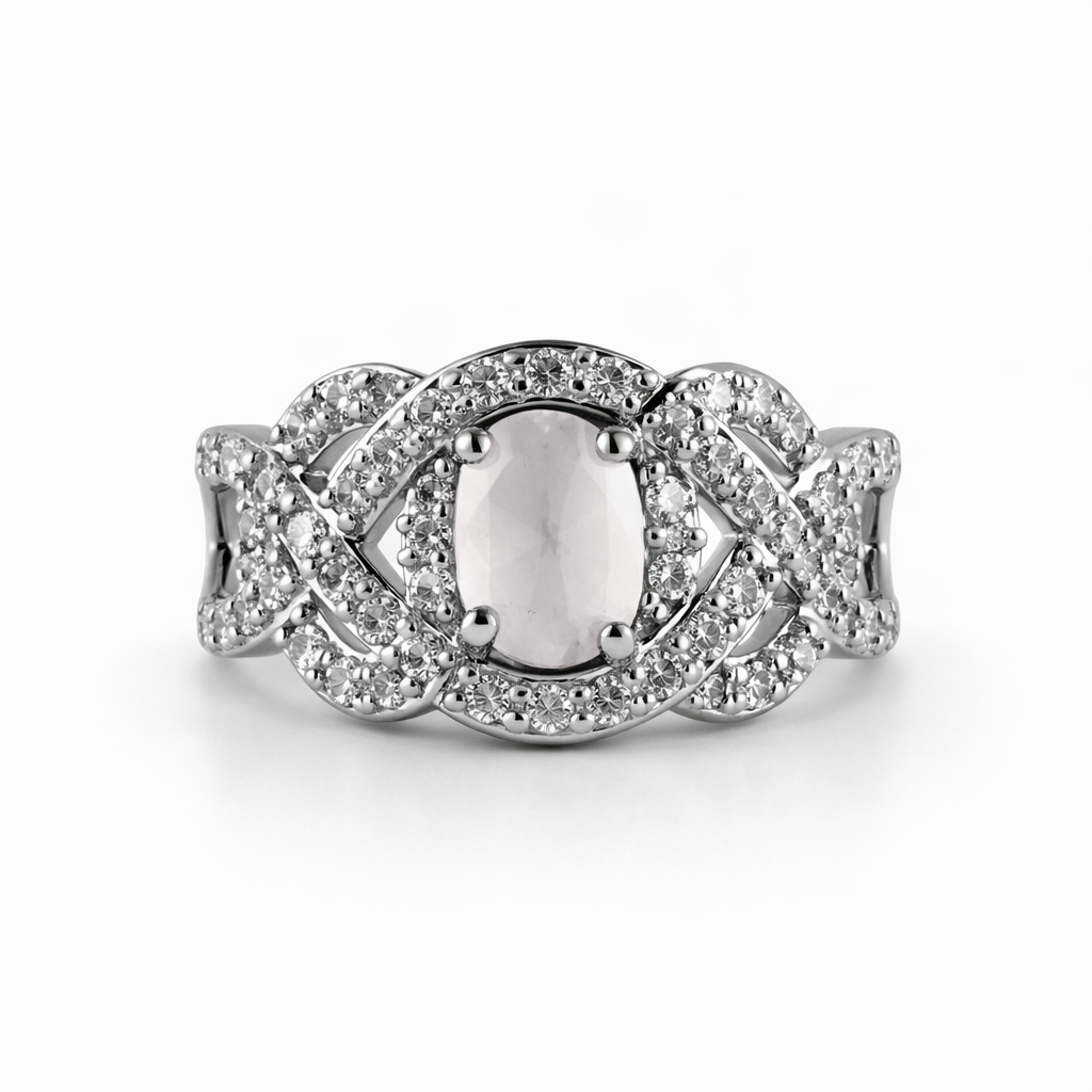 Infinity Halo Silver Ring with Oval Gemstone – Adjustable Luxury Ring