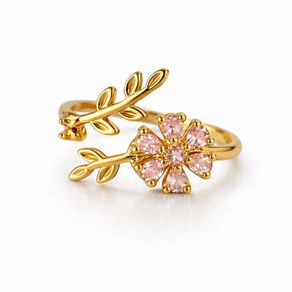 Elegant Gold Floral Adjustable Ring with Halo Crystal Design