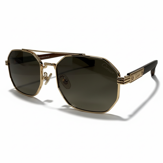 Cartier-Style Gold Hexagonal Navigator Sunglasses | Dark Gray Gradient Lenses & Brown Temples | Men’s Luxury Aviator