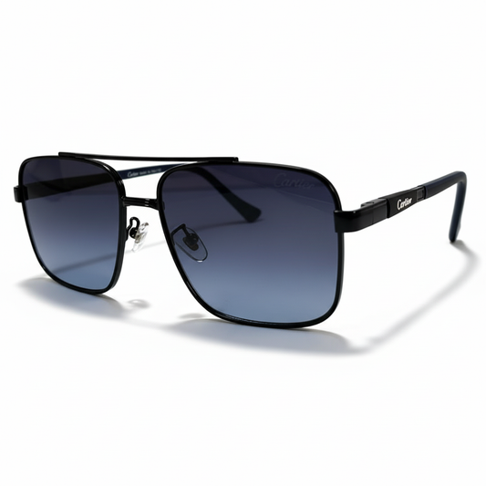 Cartier-Style Black Square Navigator Sunglasses | Blue Gradient Lenses & Double Bridge | Men’s Luxury Aviator