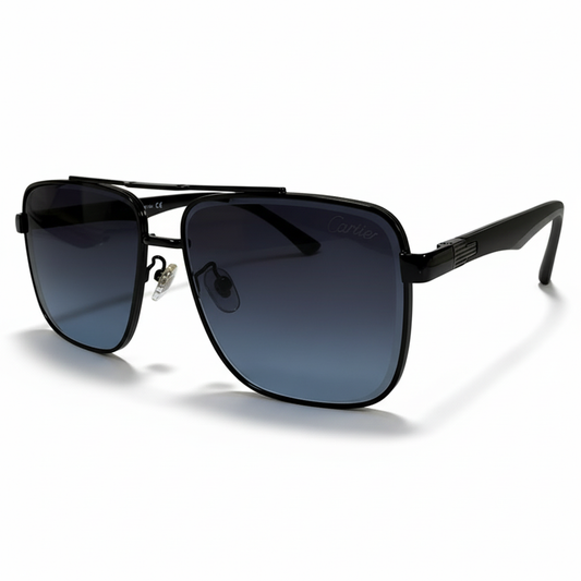 Cartier-Style Matte Black Navigator Sunglasses | Blue Gradient Lenses & Double Bridge | Men’s Luxury Square Frame