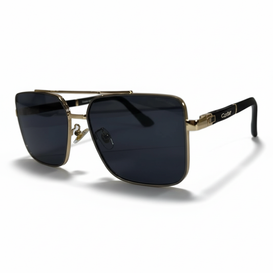 Cartier-Style Gold Square Navigator Sunglasses | Dark Gray Lenses & Black Temples | Unisex Luxury Aviator