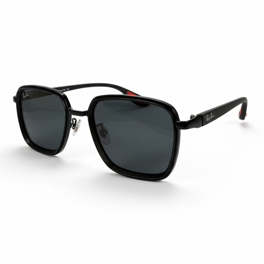 Ray-Ban Style Black Square Navigator Sunglasses | Dark Gray Lenses with Red Temple Tips (Unisex)